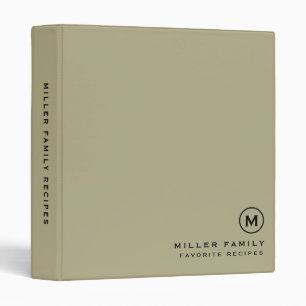 Sage Green Black Monogram Initial Family Recipe 3 Ring Binder