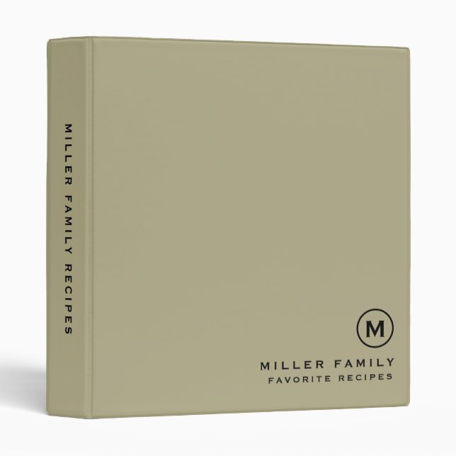 Sage Green Black Monogram Initial Family Recipe 3 Ring Binder (Front/Spine)