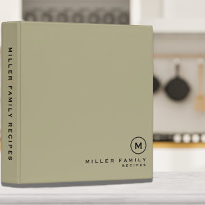 Sage Green Black Monogram Initial Family Recipe 3 Ring Binder