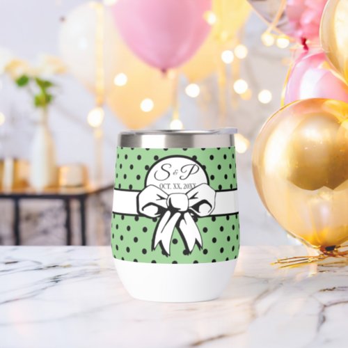 Sage Green Black Polka Dot White Bow Personalized Thermal Wine Tumbler