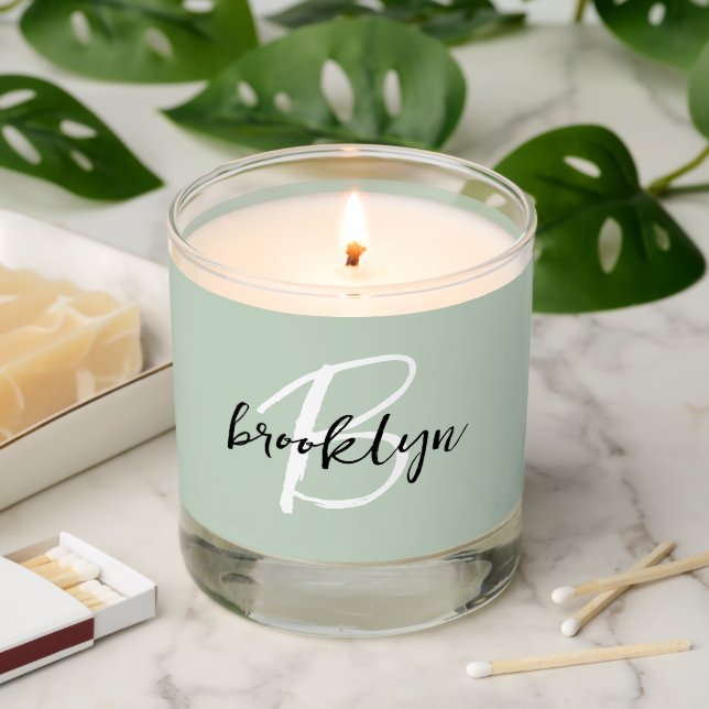 Sage Green Black White Monogram Scented Jar Candle (Lit)