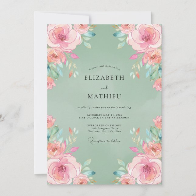 Sage Green Blissful Rose Wedding Invitation (Front)