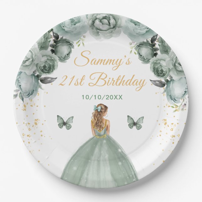 Sage Green Blonde Hair Princess Birthday Party Paper Plates (Front)