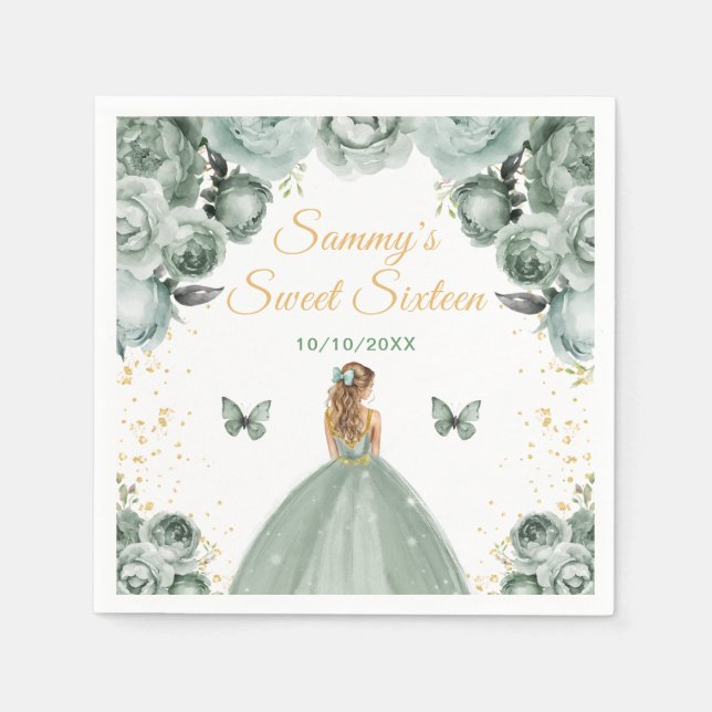 Sage Green Blonde Hair Princess Sweet Sixteen Napkins (Front)