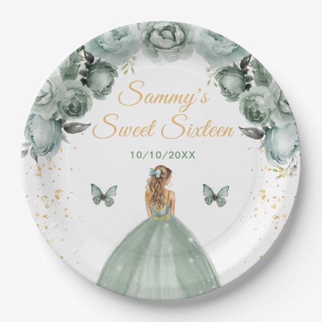 Sage Green Blonde Hair Princess Sweet Sixteen Paper Plates (Front)