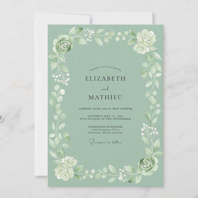 Sage Green Blooming Garland Wedding Invitation (Front)