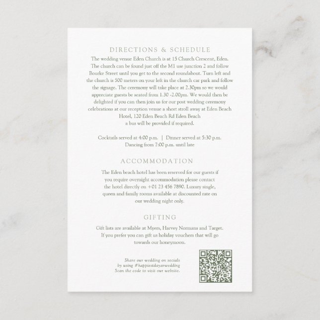 Sage green blossom butterflies wedding details QR Enclosure Card (Back)