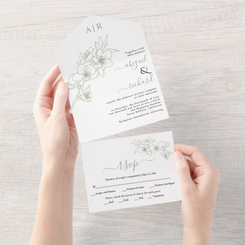 Sage green blossoms line art fall wedding all in one invitation