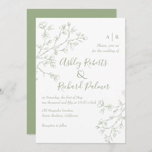 Sage green blossoms QR code monochrome wedding Invitation