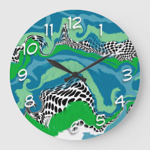 Sage Green, Blue, Black and White Abstract Fluid Large Clock