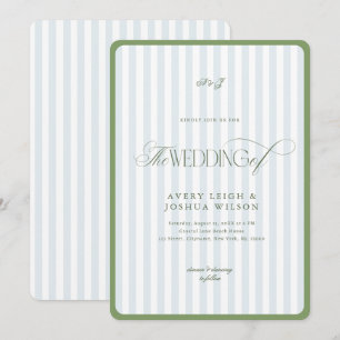 Sage Green & Blue Border Coastal Stripes Wedding Invitation