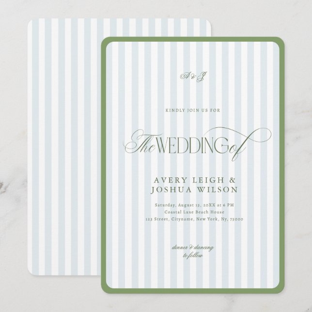 Sage Green & Blue Border Coastal Stripes Wedding Invitation (Front/Back)