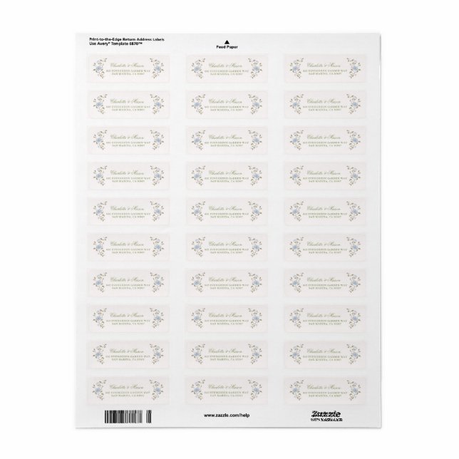 Sage Green Blue Botanical Wedding Return Address Label (Full Sheet)