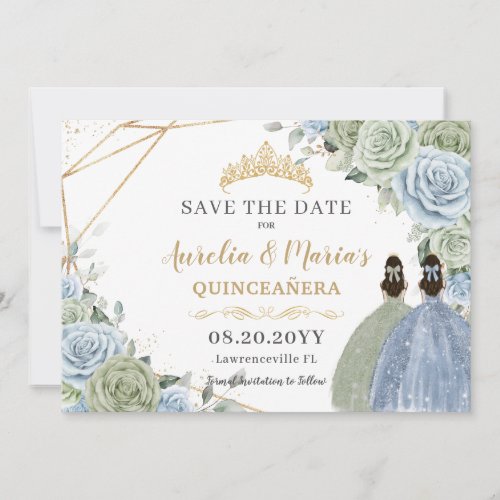 Sage Green Blue Floral Twins Quinceanera Sweet 16 Save The Date