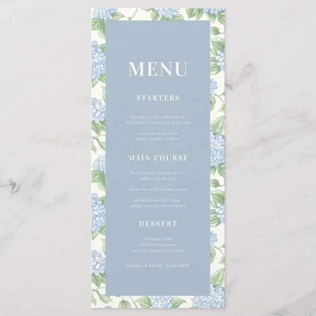 Sage Green & Blue Garden Floral Hydrangea Wedding Menu (Front)