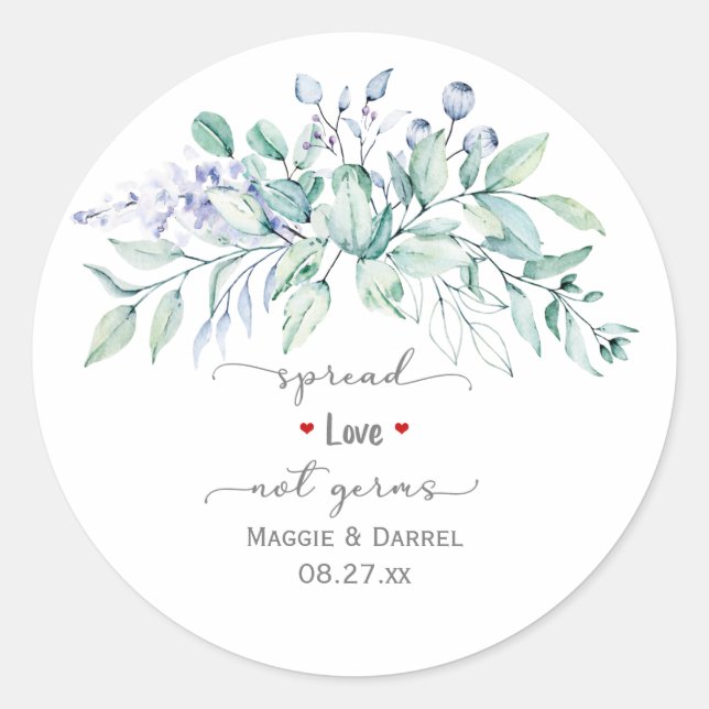 Sage Green & Blue Greenery Spread Love Not Germs Classic Round Sticker (Front)