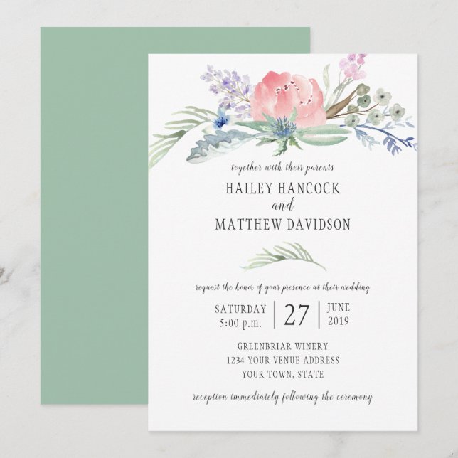 Sage Green Blue Pink Flowers Greenery Wedding Invitation (Front/Back)