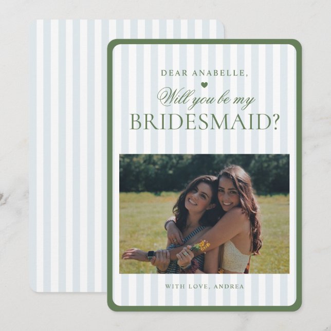 Sage Green & Blue Stripes Bridesmaid Proposal Card (Front/Back)