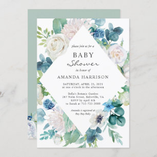 Sage Green Blue White Botanical Floral Baby Shower Invitation
