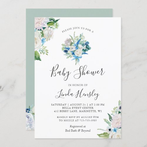 Sage Green Blue White Floral Bouquet Baby Shower Invitation