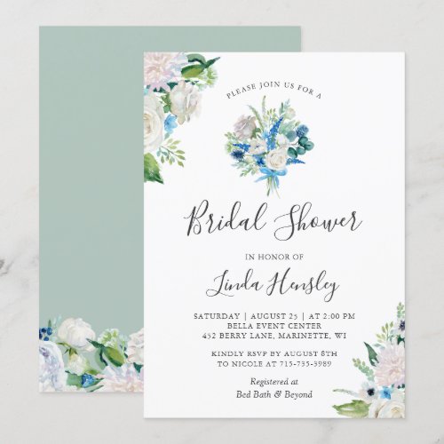 Sage Green Blue White Floral Bouquet Bridal Shower Invitation