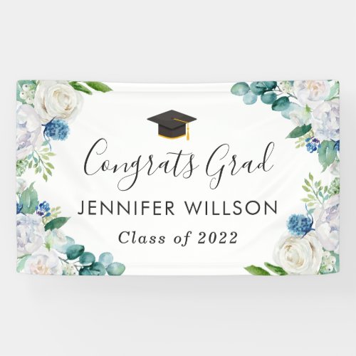 Sage Green Blue White Floral Graduation Party Banner