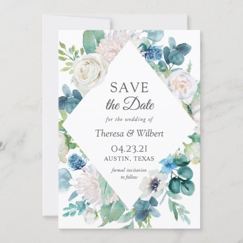 Sage Green Blue White Garden Floral Wedding Save The Date