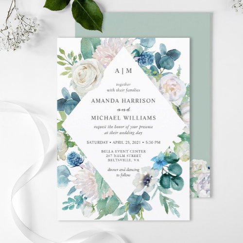 Sage Green Blue White Pastel Floral Wedding Invitation