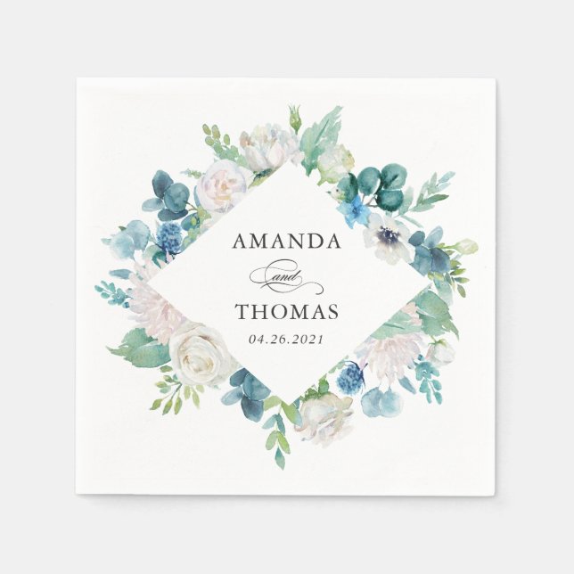 Sage Green Blue White Pastel Floral Wedding Napkins (Front)