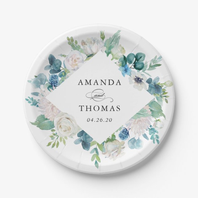 Sage Green Blue White Pastel Floral Wreath Wedding Paper Plates (Front)