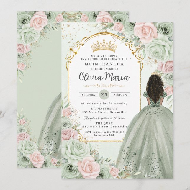 Sage Green Blush Floral Brown Girl Quinceañera  Invitation (Front/Back)