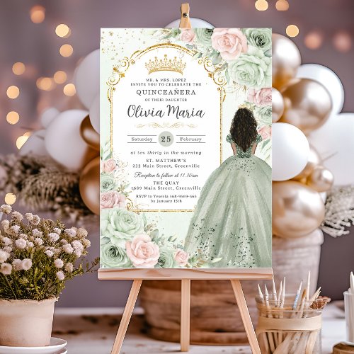 Sage Green Blush Floral Brown Girl Quinceaera  Invitation