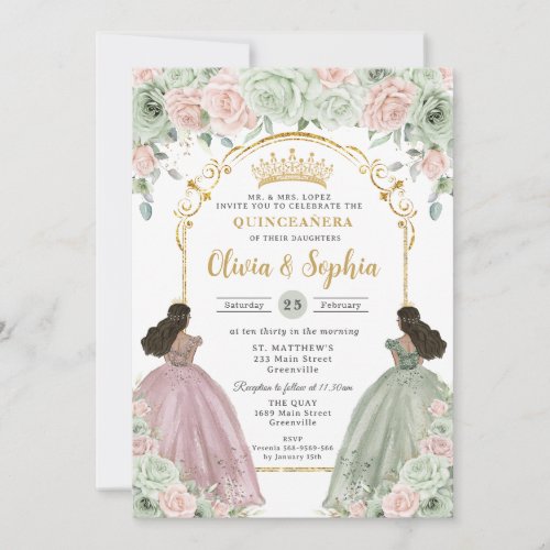 Sage Green Blush Floral Brown Twins Quincea&#241;era  Invitation