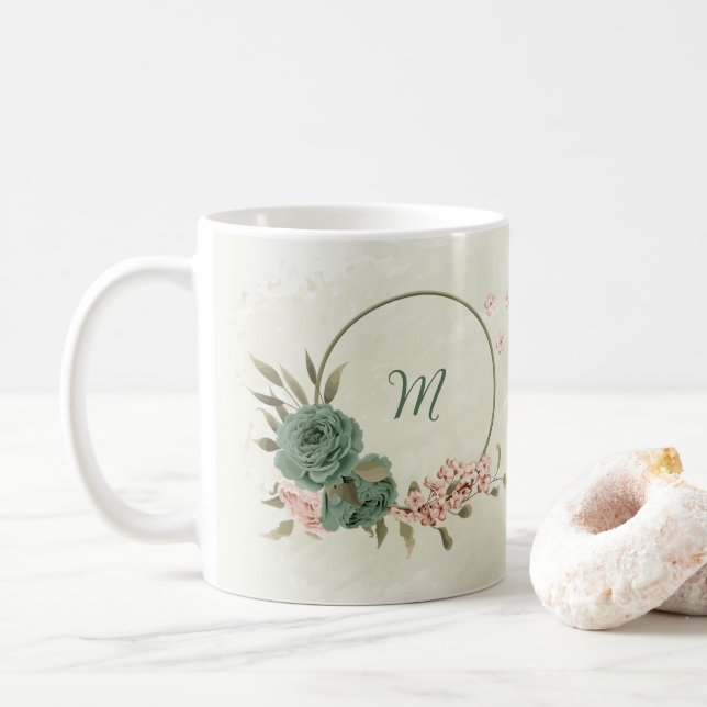 sage green blush floral  coffee mug (With Donut)