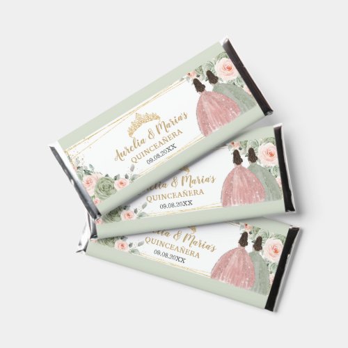 Sage Green Blush Floral Dresses Quinceaera Twins  Hershey Bar Favors