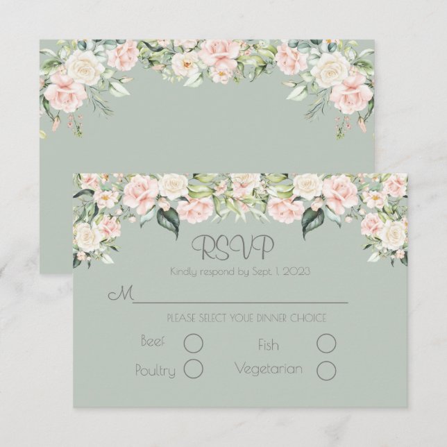 Sage Green Blush Floral Elegant Weddding RSVP (Front/Back)