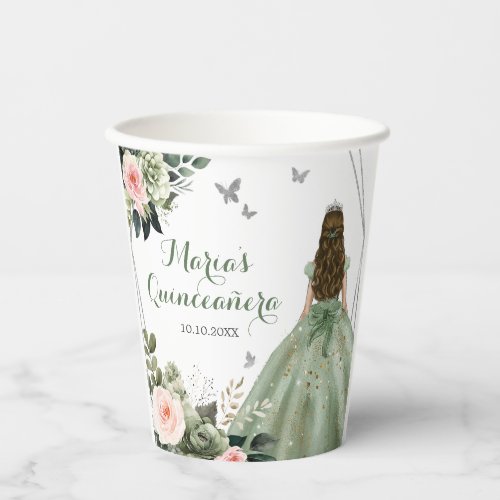 Sage Green Blush Floral Geometric Quinceaera Paper Cups