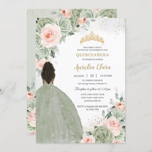 Sage Green Blush Floral Gold Quinceaera Sweet 16 Invitation