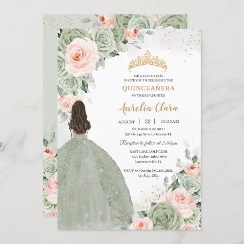 Sage Green Blush Floral Gold Quinceaera Sweet 16 Invitation