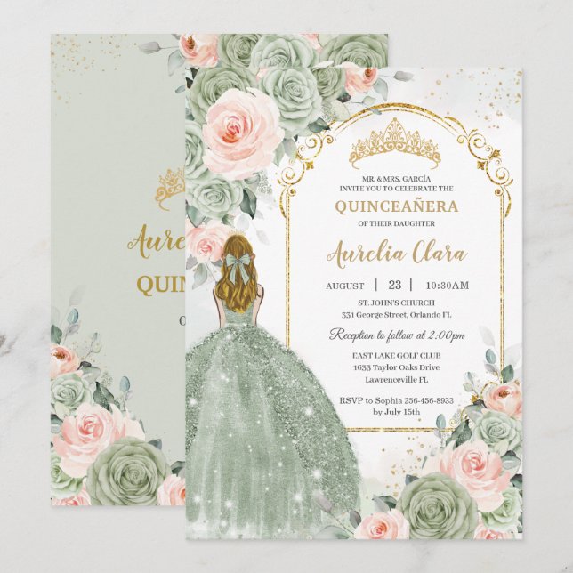 Sage Green Blush Floral Gold Quinceañera Sweet 16 Invitation (Front/Back)