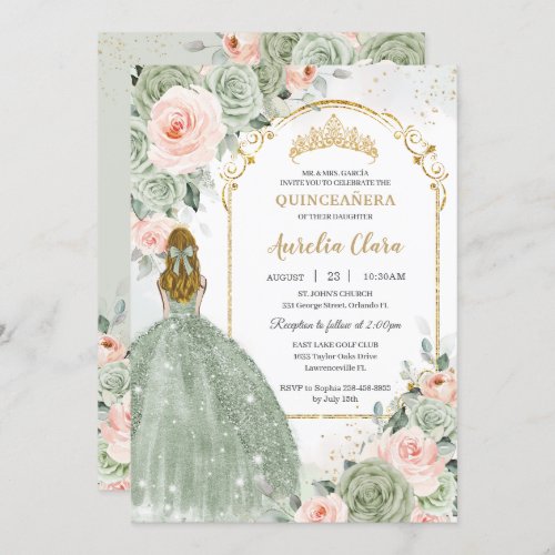 Sage Green Blush Floral Gold Quinceaera Sweet 16 Invitation