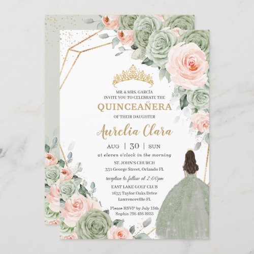 Sage Green Blush Floral Gold Quinceaera Sweet 16 Invitation