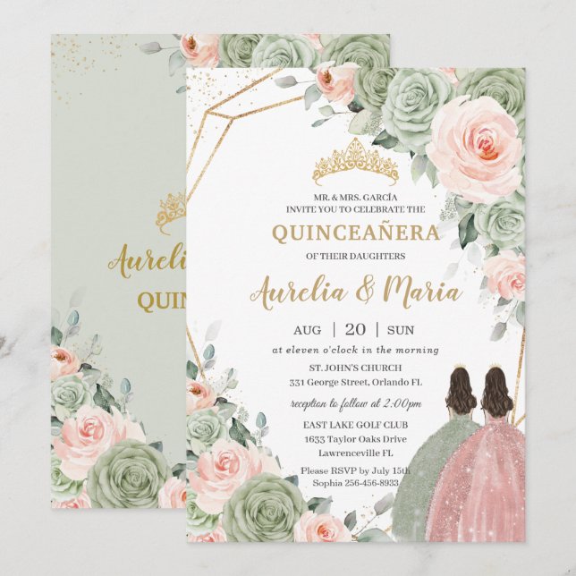 Sage Green Blush Floral Gold Quinceañera Twins Invitation (Front/Back)