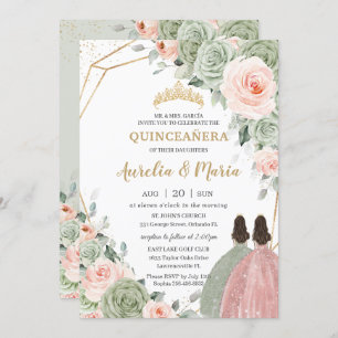 Sage Green Blush Floral Gold Quinceañera Twins Invitation