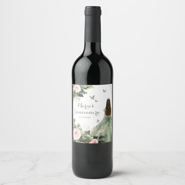 Sage Green Blush Floral Princess XV Años Wine Label (Front)