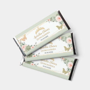 Sage Green Blush Floral Quinceañera Butterflies Hershey Bar Favors