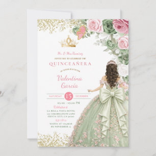 Sage Green Blush Floral Quinceañera Invitation