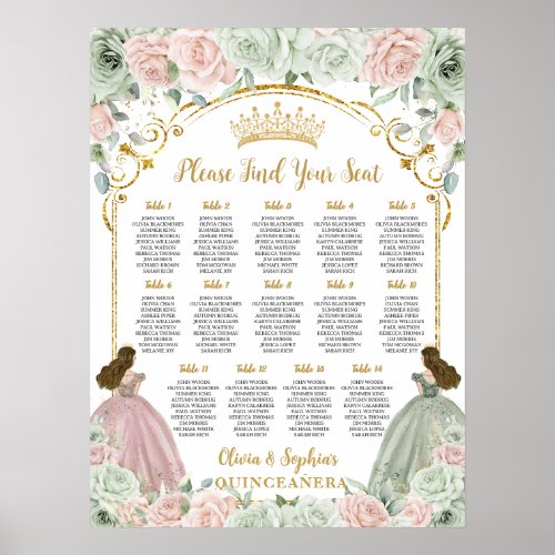 Sage Green Blush Floral Quinceanera Seating Chart