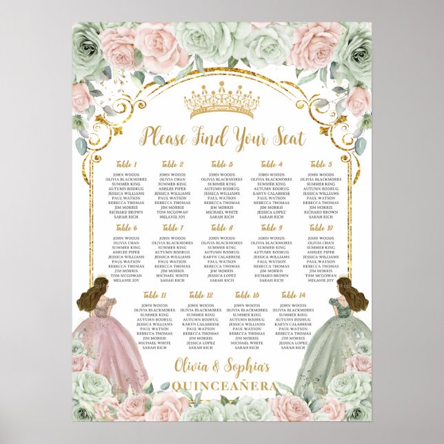 Sage Green Blush Floral Quinceanera Seating Chart (Front)