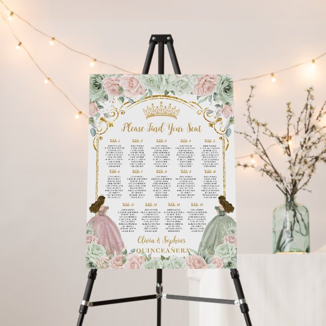 Sage Green Blush Floral Quinceanera Seating Chart Foam Board (In Situ (Stand))